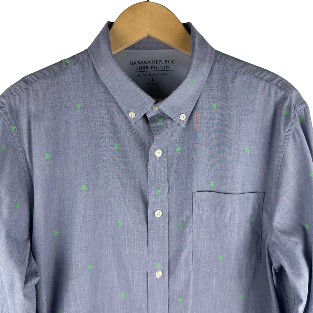 Banana Republic Luxe Poplin Shirt Mens L Slim Fit Palm Tree Print Button Down